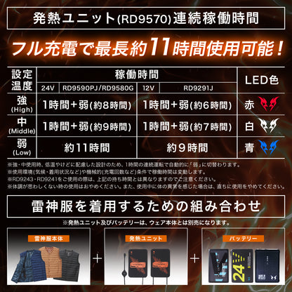 【メーカー保証付】 雷神服Ⓡ 最長約11時間使用可能！ RD9570 【発熱ユニット】